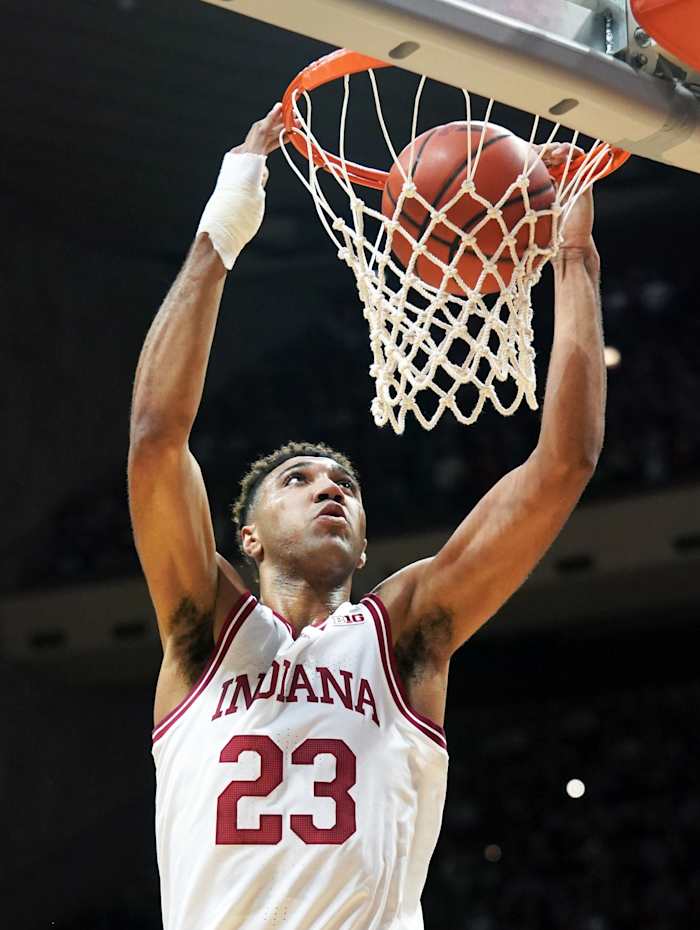 Nov 7, 2022; Bloomington, Indiana, USA; Indiana Hoosiers forward Trayce Jackson-Davis (23) dunks the ball during the first half at Simon Skjodt Assembly Hall.